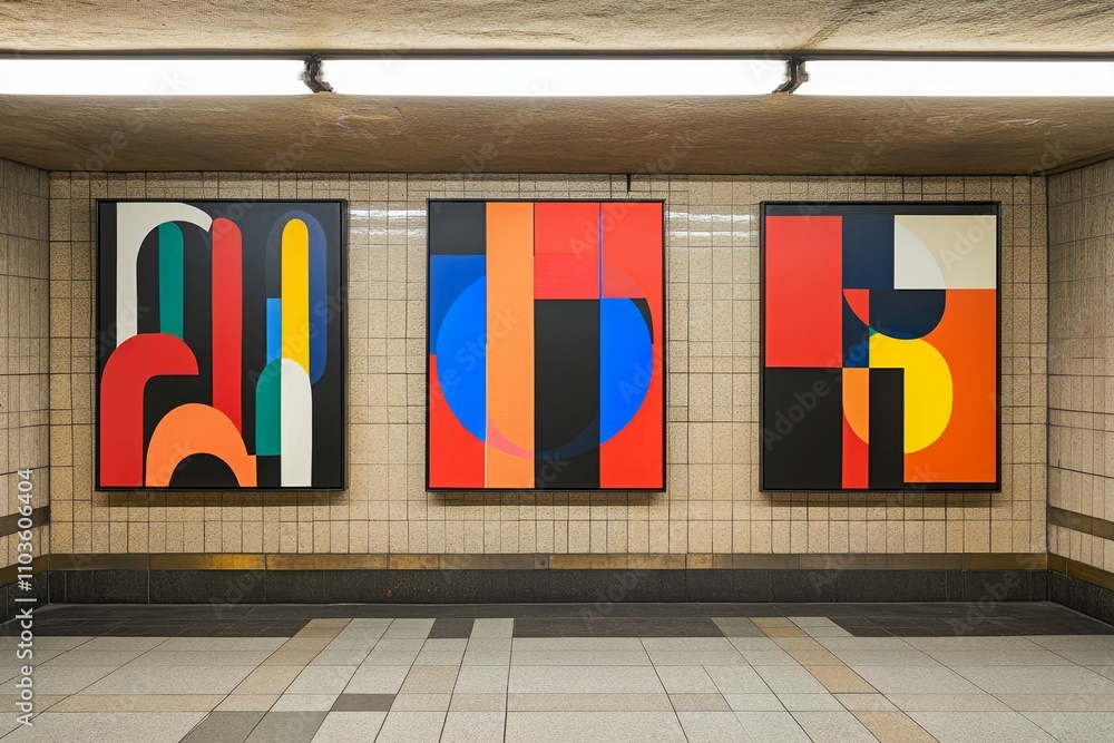 Poster abstract geometric art in urban environment featuring three colorful panels with shapes and patterns
