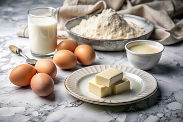 Fototapeta premium Fresh Ingredients for Baking: Butter, Flour, Eggs, and Milk on a Marble Table Ready for Delicious Recipes