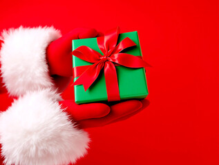 The hand of Santa Claus with Christmas gifts on red background