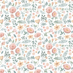 Flowers in feather tones. Watercolor seamless pattern. Design of cute natural elements in delicate colors for decoration designs, textile packaging.