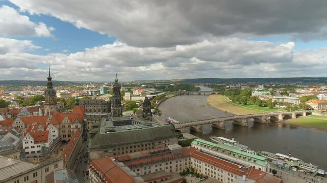 Dresden Kathedrale Sanctissimae Trinitatis Hofkirche Residenzschloss Semperoper Augustusbr&uuml;cke Elbe Germany Aerial View from the top of Frauenkirche cloudy sky with Historic Architecture