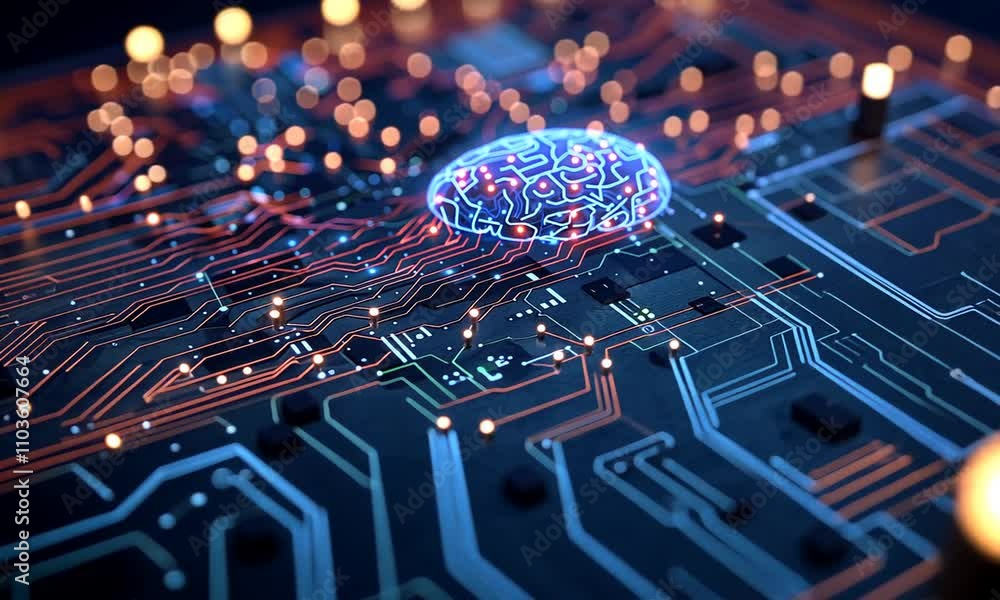 Poster ai machine learning brain illuminates futuristic printed circuit board design