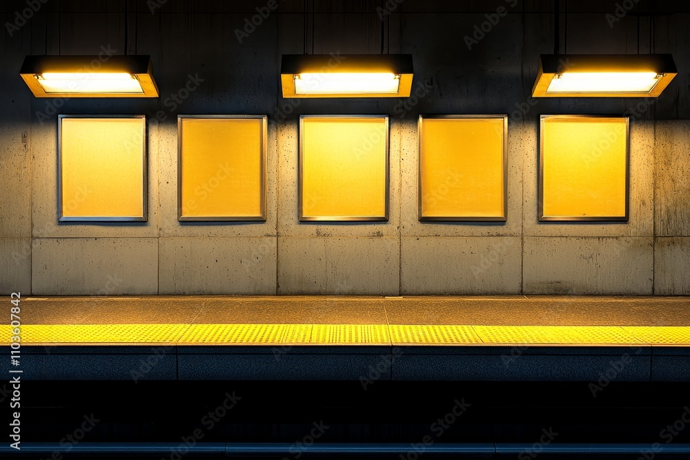 Poster brightly lit empty frames on a subway station wall highlighting an urban atmosphere with minimalist 