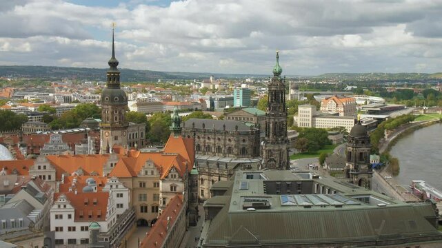 Dresden Kathedrale Sanctissimae Trinitatis Hofkirche Residenzschloss Semperoper Elbe Germany Aerial View from the top of Frauenkirche cloudy sky with Historic Architecture