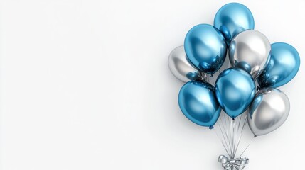Fototapeta premium Shiny chrome balloons in silver and blue hues, tied together with a luxurious ribbon, on a clean white background
