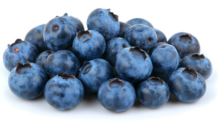 A pile of fresh, ripe blueberries isolated on a white background.  The blueberries are plump and juicy, showing their deep blue color and natural texture.
