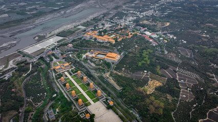 Fototapeta premium Aerial view of Fo Guang Shan Buddha Complex in Taiwan highlighting its vast grounds