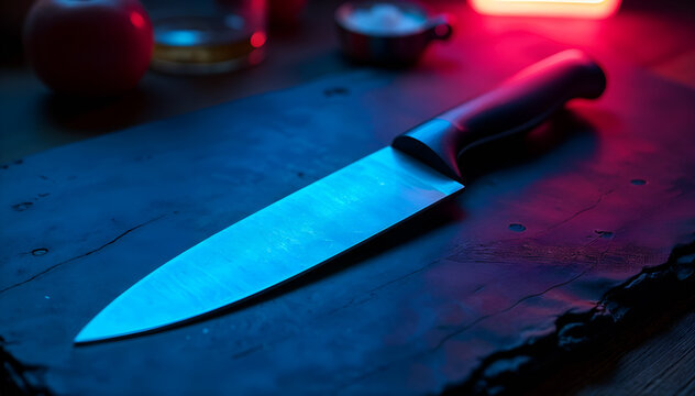 A professional chef knife with reflections on a dark surface, symbolizing precision and culinary skills.