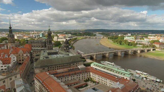 Dresden Kathedrale Sanctissimae Trinitatis Hofkirche Residenzschloss Semperoper Augustusbr&uuml;cke Elbe Germany Aerial View from the top of Frauenkirche cloudy sky with Historic Architecture