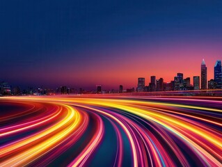 Obraz premium Fiber optic efficiency concept. A vibrant city skyline at dusk, featuring colorful light trails from moving vehicles against a gradient sky.