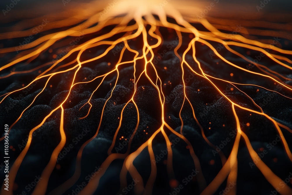 Poster a close-up view of glowing, branching lines resembling lava flows, creating a dynamic, fiery pattern