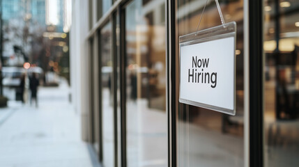 Now Hiring Sign on Corporate Office Window