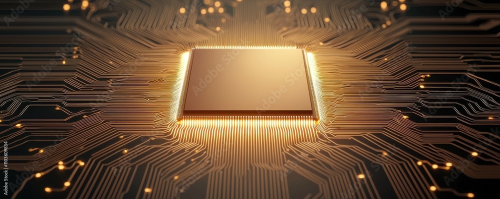 Poster a close-up view of a microprocessor on a circuit board, illuminated, showcasing intricate connection