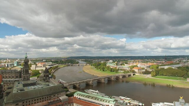 Dresden Kathedrale Sanctissimae Trinitatis Hofkirche Residenzschloss Semperoper Augustusbr&uuml;cke Elbe Germany Aerial View from the top of Frauenkirche cloudy sky with Historic Architecture