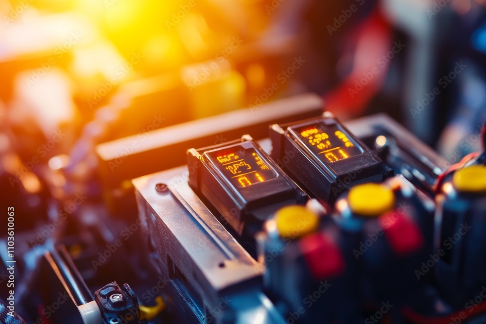 Poster close-up of electronic device controls with digital displays in an industrial setting capturing the 