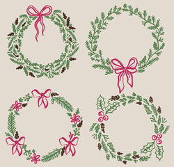 Beautiful hand drawn whimsical style vector Christmas decorative wreaths set © Wiktoria Matynia