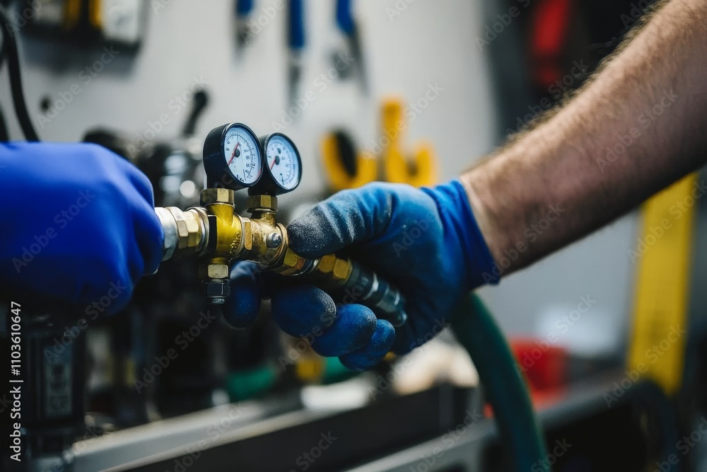 Poster close-up of skilled technician handling pressure gauge and hose coupling in workshop environment wit