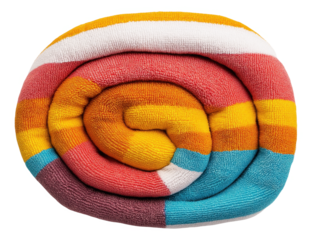 Colorful rolled beach towel with stripes in various colors
