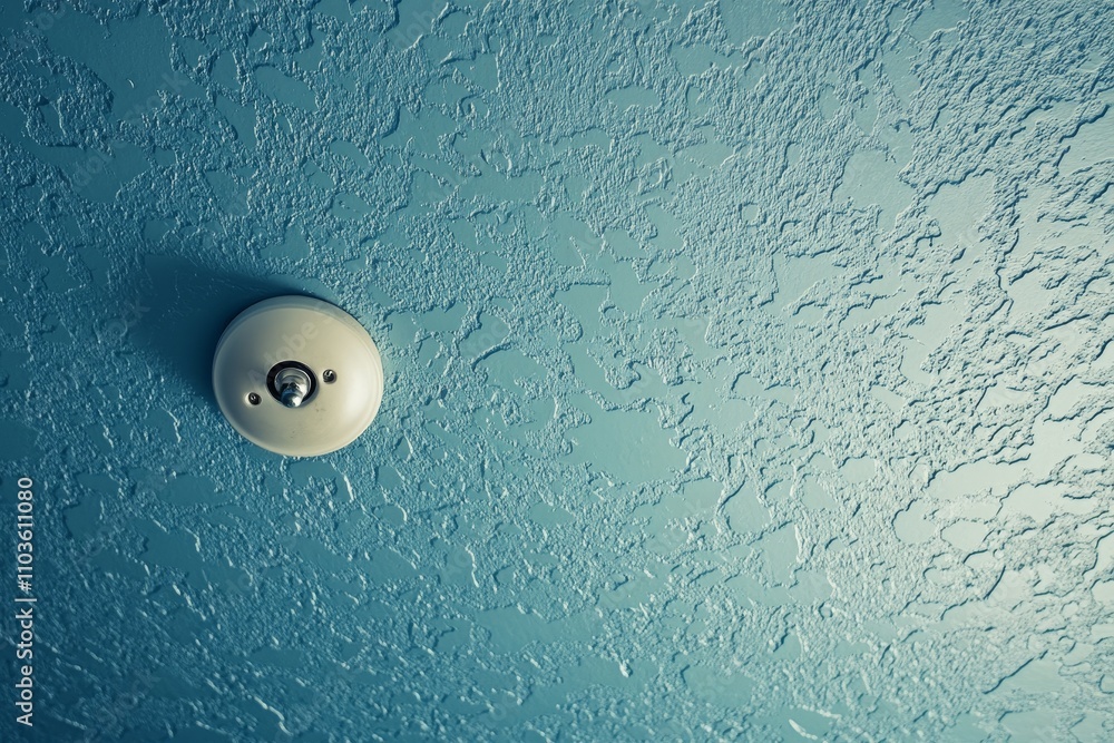 Poster close-up view of a ceiling light fixture against a textured blue wall in a room creating a calm and 