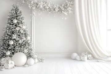 A white wall with a white arch and curtains, white vases of flowers, christmas trees, ball on the floor, a minimalist interior design.