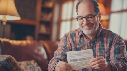 Senior man smiling joyfully as he receives a retirement payment check in a cozy living room, celebrating financial security and peaceful home life.