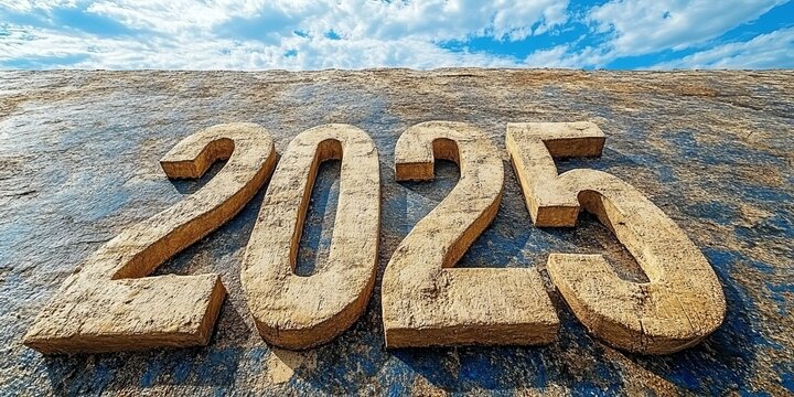 Stone-carved '2025' numbers in a desert-like setting under a clear blue sky, symbolizing endurance and timelessness as themes for the new year.