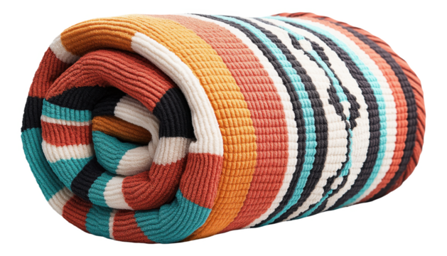 Rolled colorful striped blanket with vibrant patterns