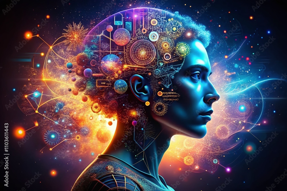 Aufkleber fusion of human profile and fractal designs illustrating technology and scientific learning programs