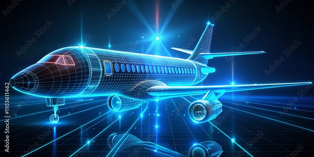 Poster futuristic 3d rendering of an aeroplane blueprint in glowing neon hologram style showcasing advanced