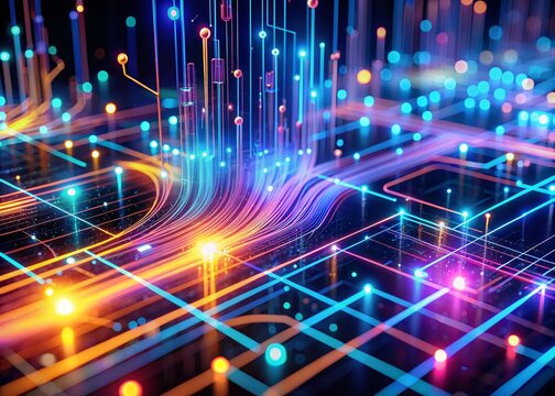 Futuristic Abstract Background with Glowing Neon Lines Representing Data Transfer in a Scientific Neurolink Concept for Digital Wallpaper
