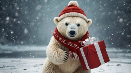 AI GENERATE, A cute, cartoon-style polar bear with a scarf delivering Christmas