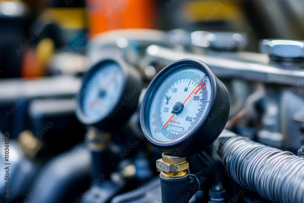 Poster close-up view of industrial pressure gauges on machinery with detailed dial readings showing perform