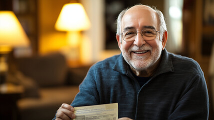 Senior man smiling joyfully as he receives a retirement payment check in a cozy living room, celebrating financial security and peaceful home life.