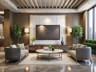 Large Blank TV Mockup in a Modern Hotel Lobby, Ideal for Commercial Space Design Inspiration and Display Concepts, Showcasing Minimalism and Elegant Ambiance