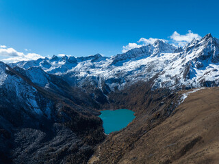 Aerial view of beautiful high altitude grassland and forest mountain landscape