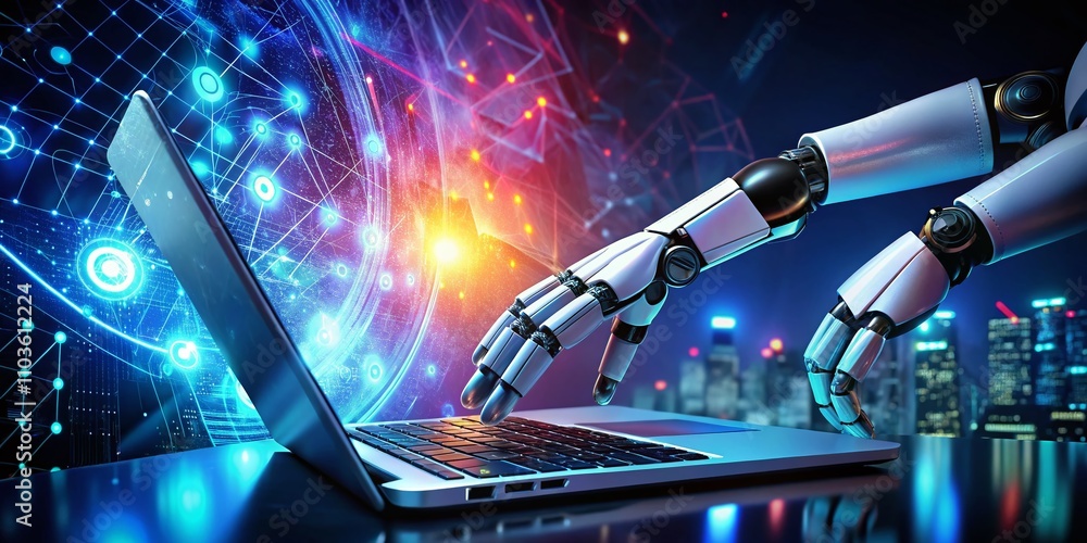 Poster futuristic business technology concept with robot hands interacting with laptop, data visualization 