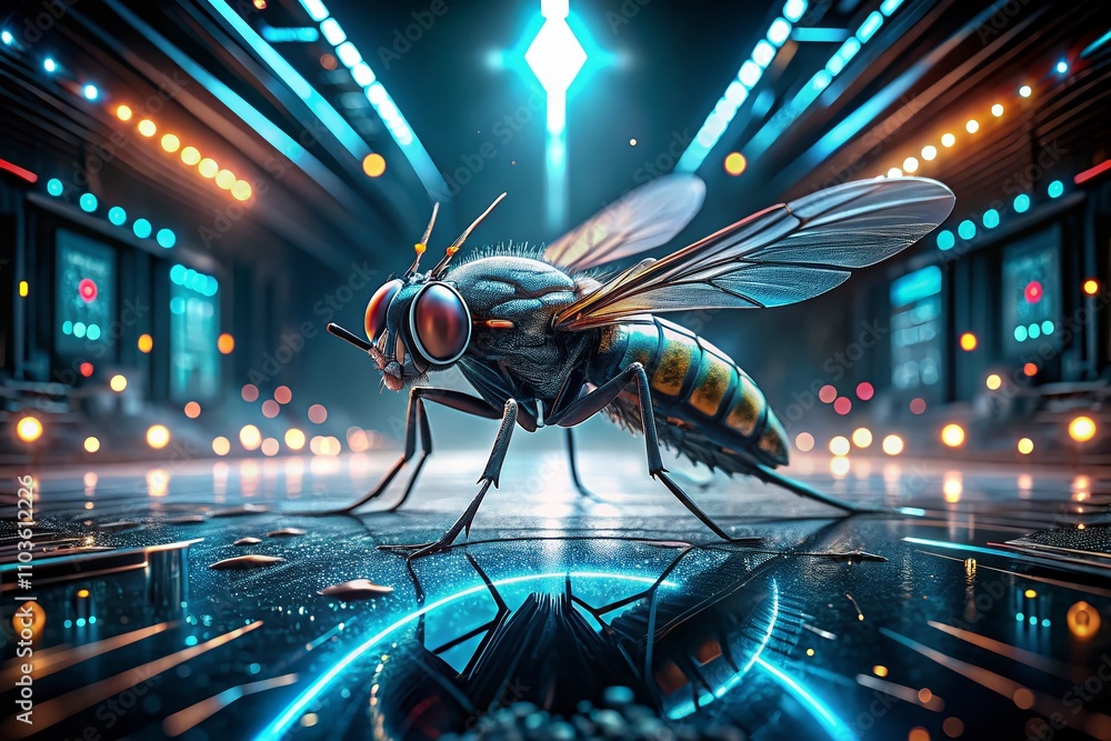 Poster futuristic cyber fly with minimalistic geometric shapes and pulsating lights in dark space, showcasi