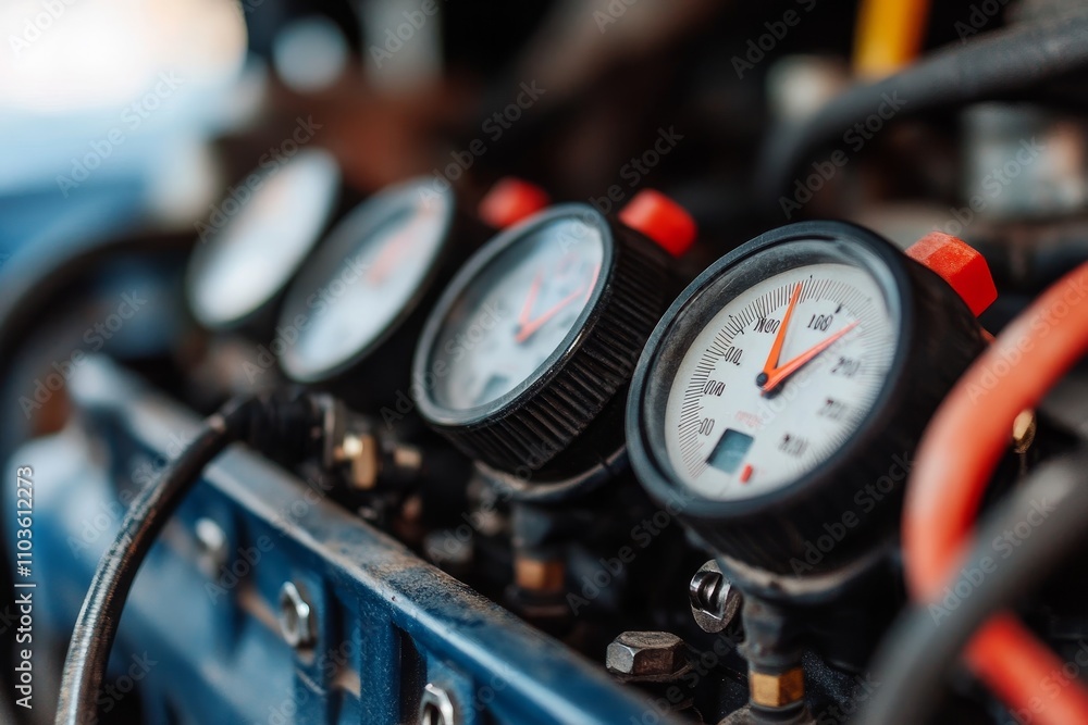Poster close-up view of pressure gauges on equipment displaying readings and valves in industrial setting, 