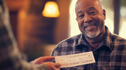 Senior man smiling joyfully as he receives a retirement payment check in a cozy living room, celebrating financial security and peaceful home life.