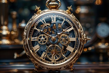 Intricate skeleton clock featuring golden gears and roman numerals on a dark background