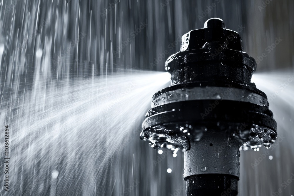 Poster close-up view of water spraying from industrial pipe fitting against a dark background creating a dy