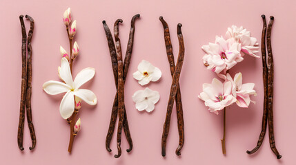 Set of aromatic vanilla sticks and flowers against a colorful background.