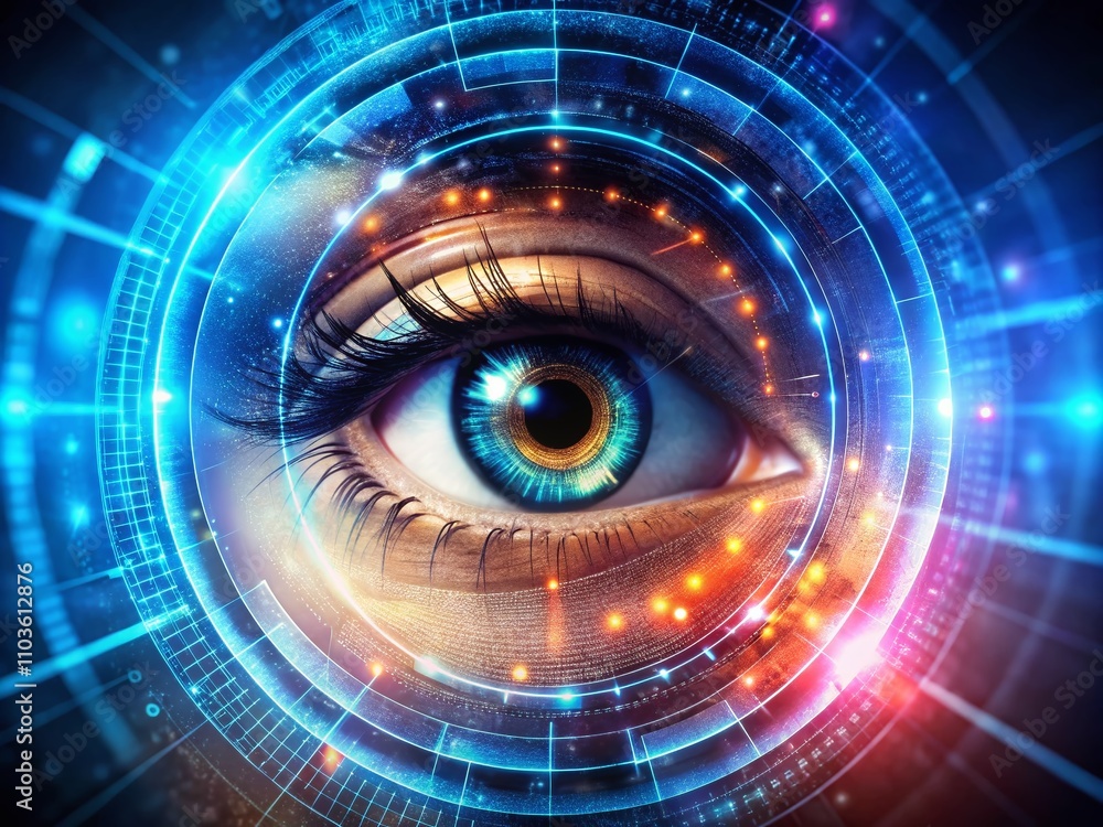 Poster futuristic digital eye interface concept illustrating advanced sci-fi technology with rule of thirds