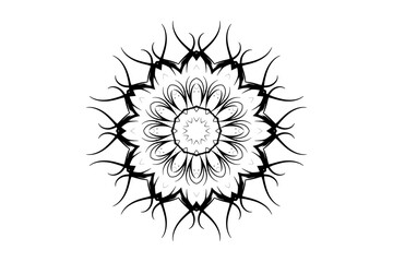 Black and White Mandala Design with Radiating Symmetrical Petal Patterns
