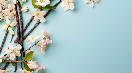 Set of aromatic vanilla sticks and flowers against a colorful background.