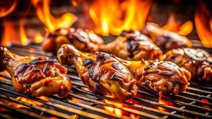 Macro Photography of Grilled Chicken Necks on Grill with Juicy Texture and Charred Details, Perfect for Culinary Art and Food Enthusiasts, Showcasing Appetizing BBQ Delicacies