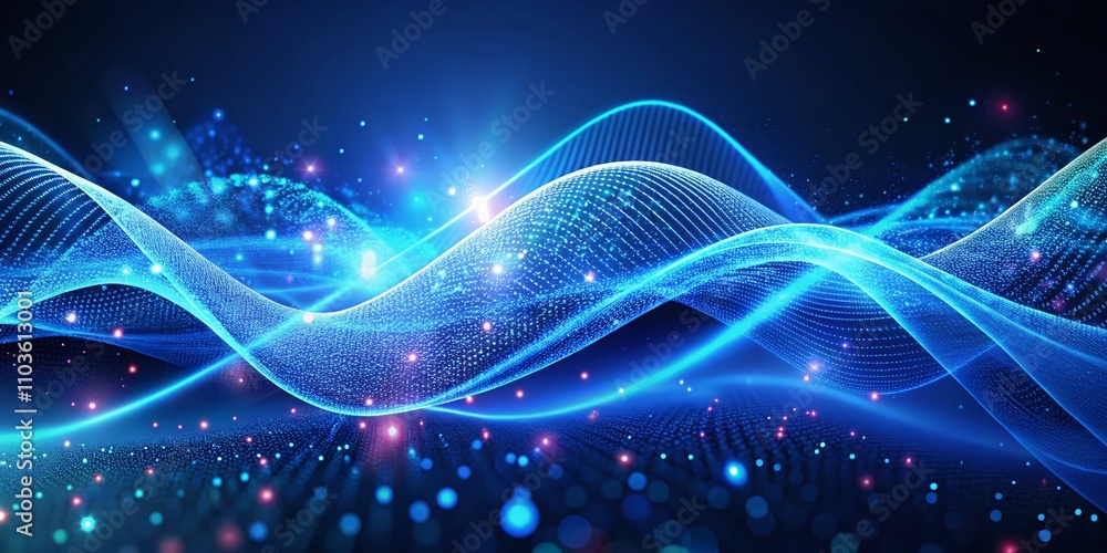 Poster futuristic digital technology background with blue curves and small particle data waves for fashion 