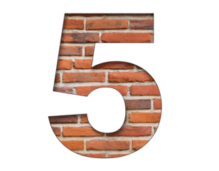 5 written with brick wall isolated on white background, cut out