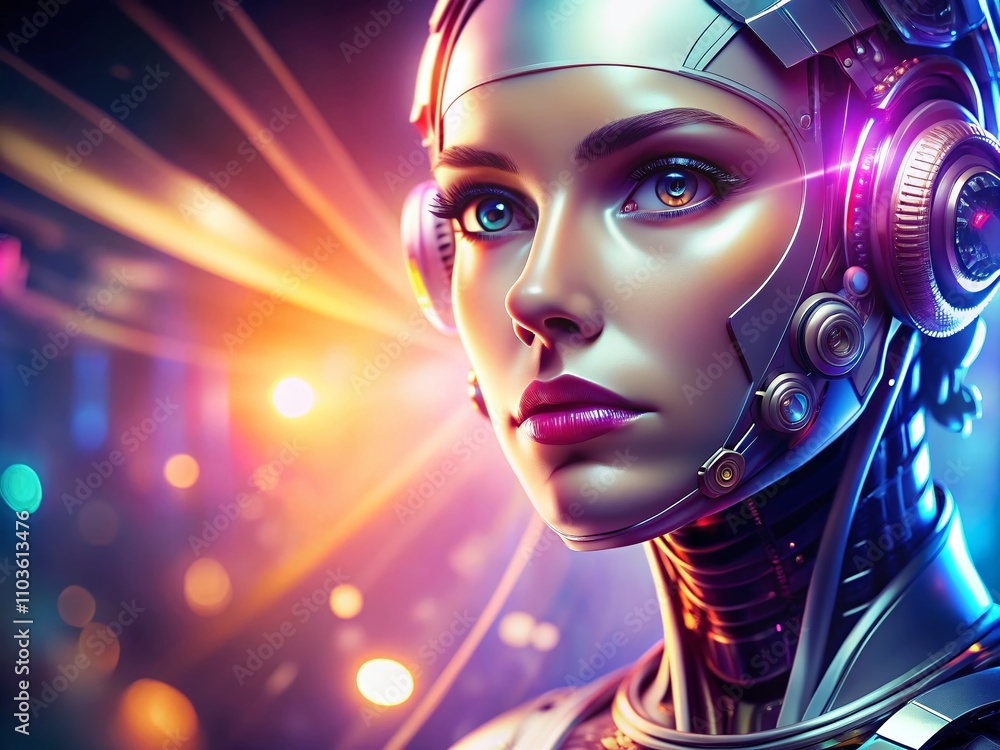 Poster futuristic female robot face representing artificial intelligence with copy space for technology con