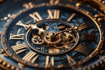Intricate skeleton clock featuring gold gears and roman numerals against a dark background